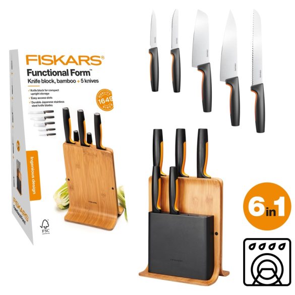 FISKARS Functional Form késkészlet, 5 késsel, bambusz blokkban