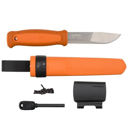 MORAKNIV Kansbol (S) kés, tokkal + Survival Kit tűzgyújtó készlet, narancssárga